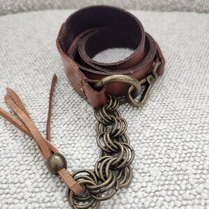 LINEA PELLE Brown Leather Tassel & Brass Grommet Belt - M